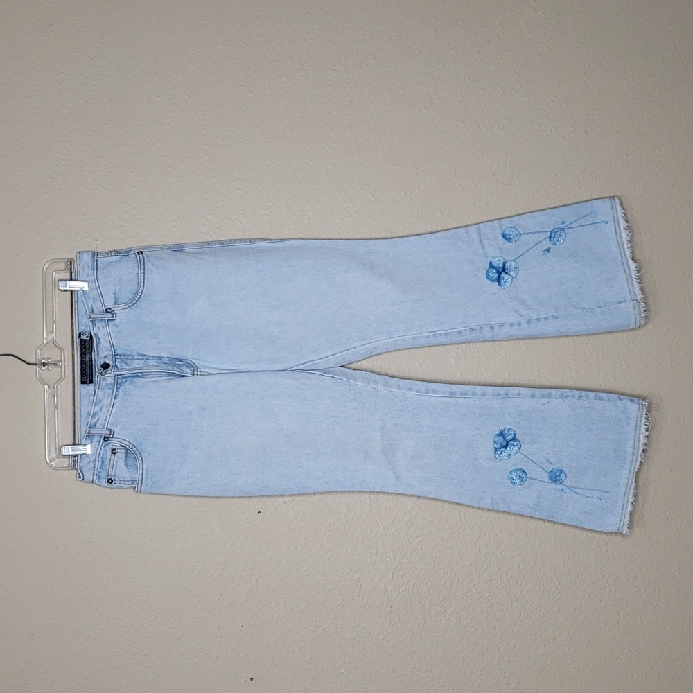 Impacto 100% Cotton Boot Cut Floral Embroidered Jeans Size 42 Hippie Y2K Frayed